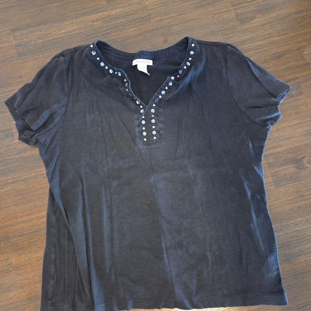 Rebecca Malone Black Cotton Embellished V-Neck Short Sleeve Top Womens XL
